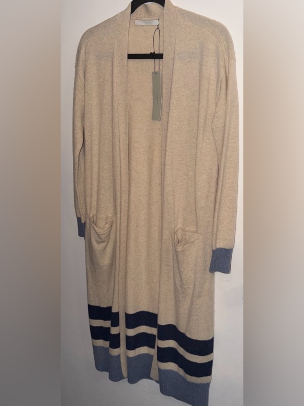 New One Grey Day Long Cream Knit Cardigan with Navy Trim 100% Cashmere Size XS